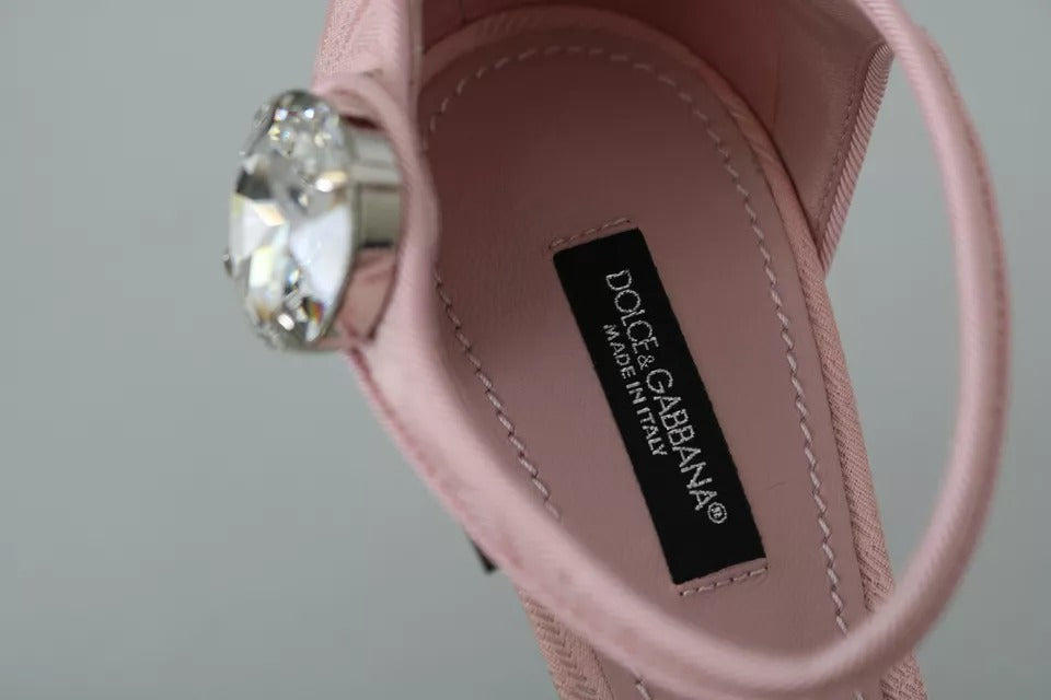 Rosa Brokat-Schuhe mit Kristall-Lilie und Knöchelriemen