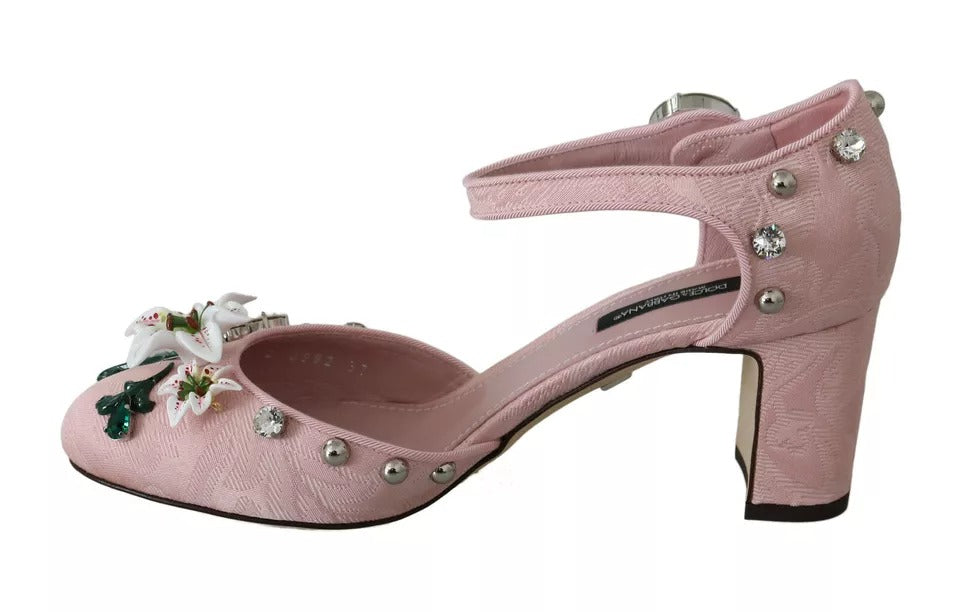 Rosa Brokat-Schuhe mit Kristall-Lilie und Knöchelriemen