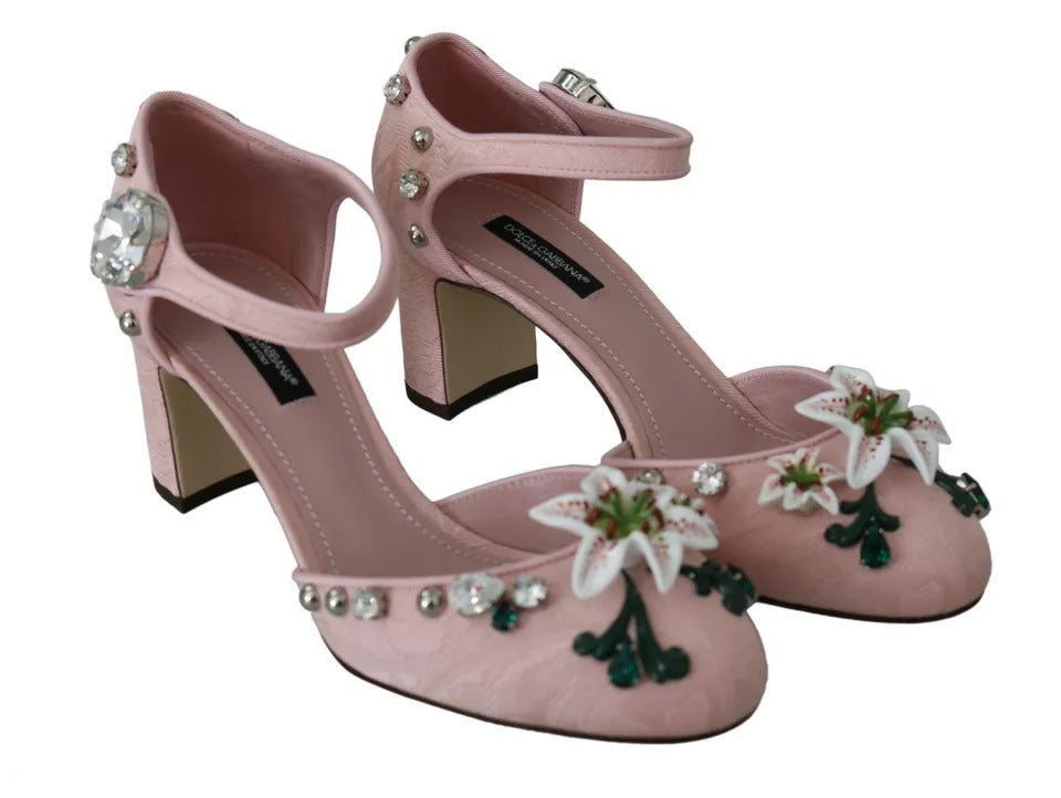 Rosa Brokat-Schuhe mit Kristall-Lilie und Knöchelriemen