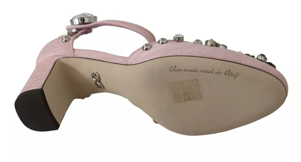 Rosa Brokat-Schuhe mit Kristall-Lilie und Knöchelriemen