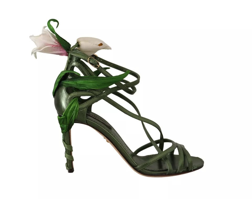 Säuregrüne Riemchensandalen mit Blumenabsatz aus Leder