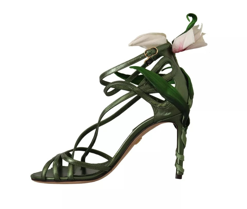 Säuregrüne Riemchensandalen mit Blumenabsatz aus Leder