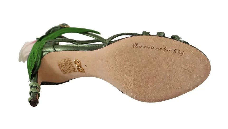 Säuregrüne Riemchensandalen mit Blumenabsatz aus Leder