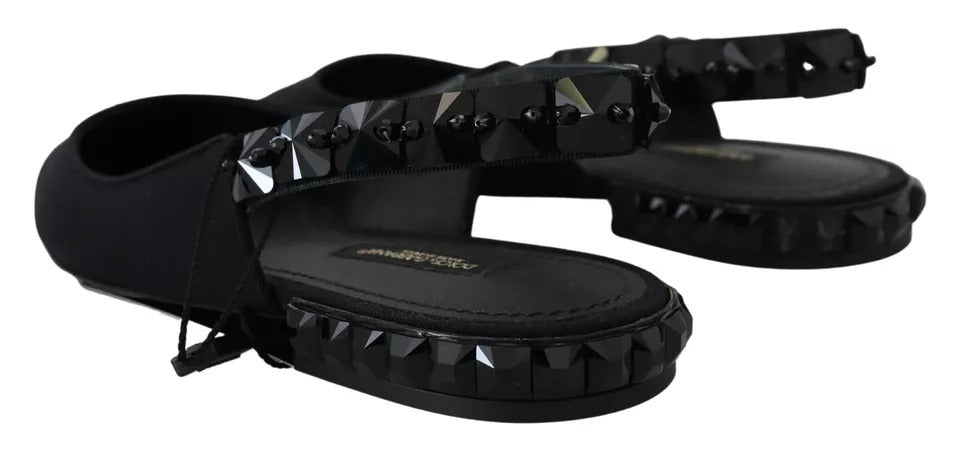 Schwarze flache Slingback-Schuhe aus Charmeuse mit Kristallen