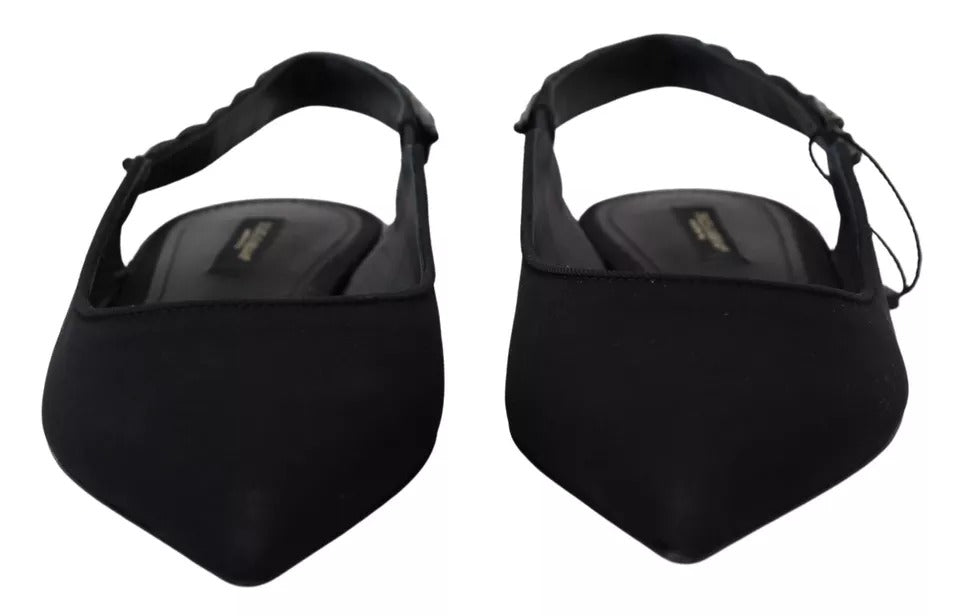 Schwarze flache Slingback-Schuhe aus Charmeuse mit Kristallen