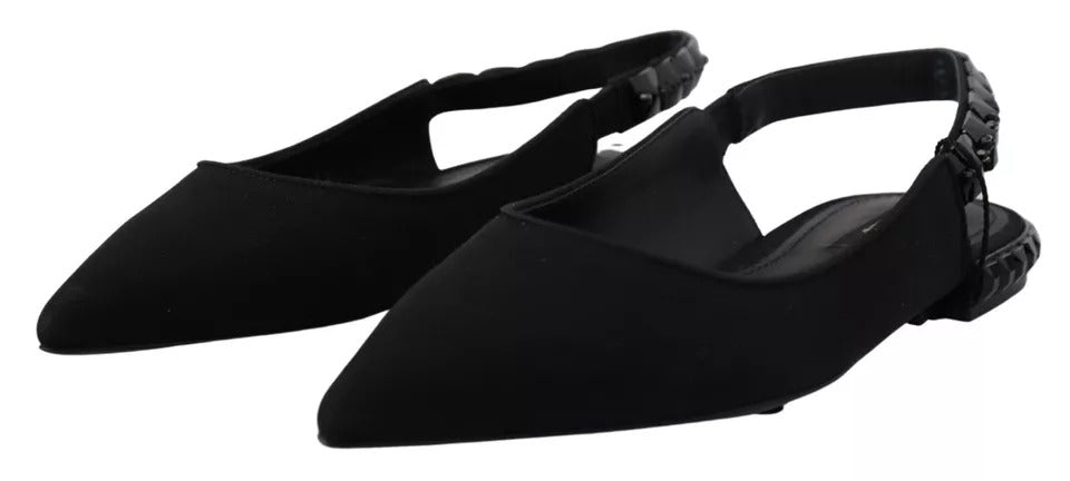 Schwarze flache Slingback-Schuhe aus Charmeuse mit Kristallen