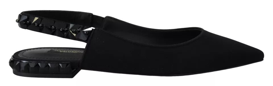 Schwarze flache Slingback-Schuhe aus Charmeuse mit Kristallen
