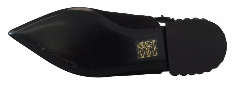 Schwarze flache Slingback-Schuhe aus Charmeuse mit Kristallen