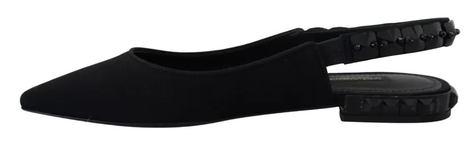 Schwarze flache Slingback-Schuhe aus Charmeuse mit Kristallen