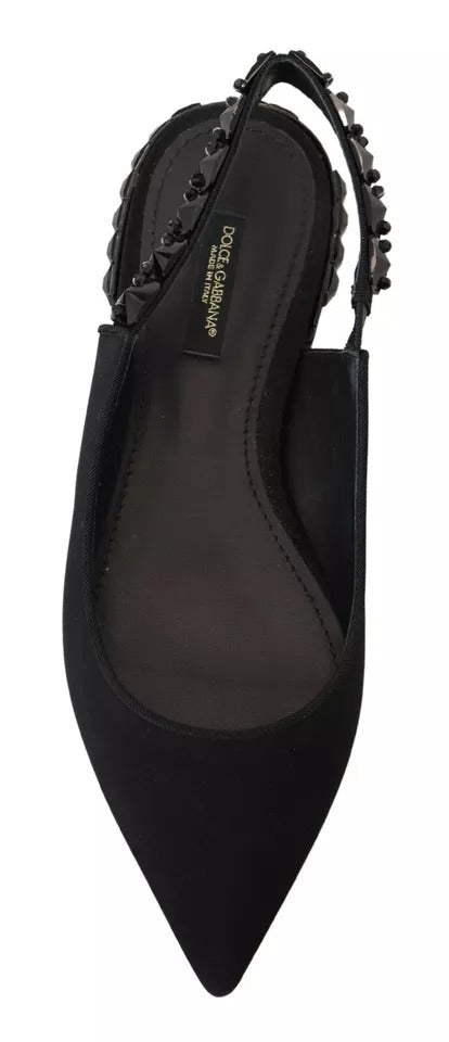 Schwarze flache Slingback-Schuhe aus Charmeuse mit Kristallen