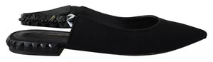 Schwarze flache Slingback-Schuhe aus Charmeuse mit Kristallen