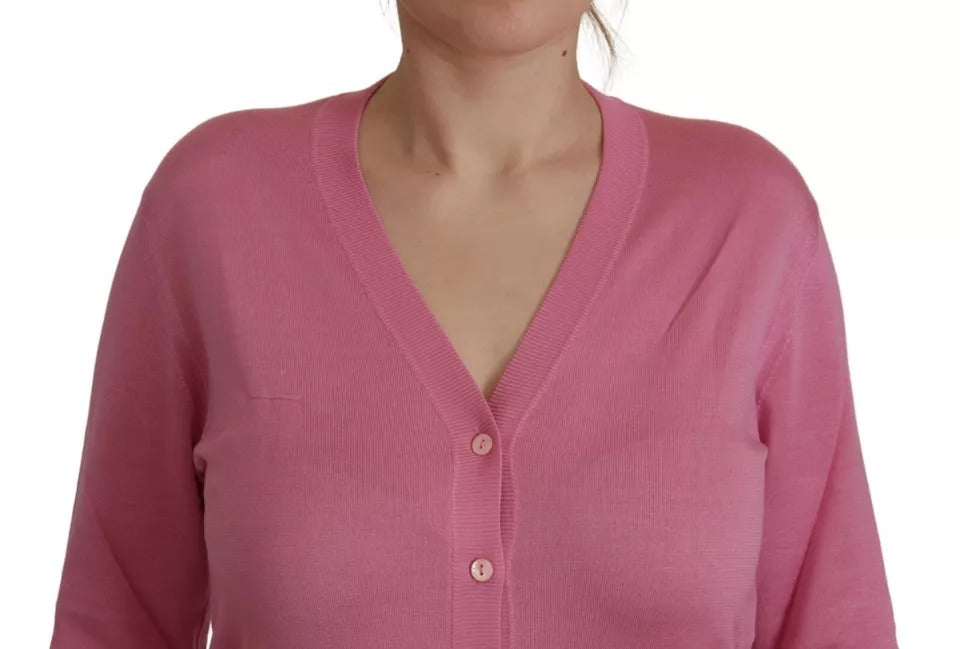 Rosafarbener Cardigan-Pullover aus 100 % Seide mit Knopfleiste