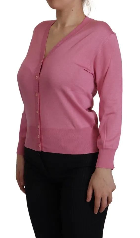 Rosafarbener Cardigan-Pullover aus 100 % Seide mit Knopfleiste