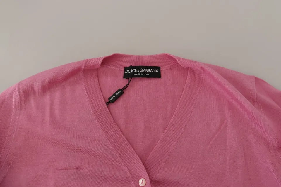 Rosafarbener Cardigan-Pullover aus 100 % Seide mit Knopfleiste