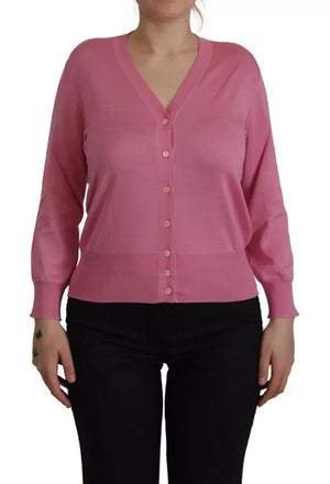 Rosafarbener Cardigan-Pullover aus 100 % Seide mit Knopfleiste