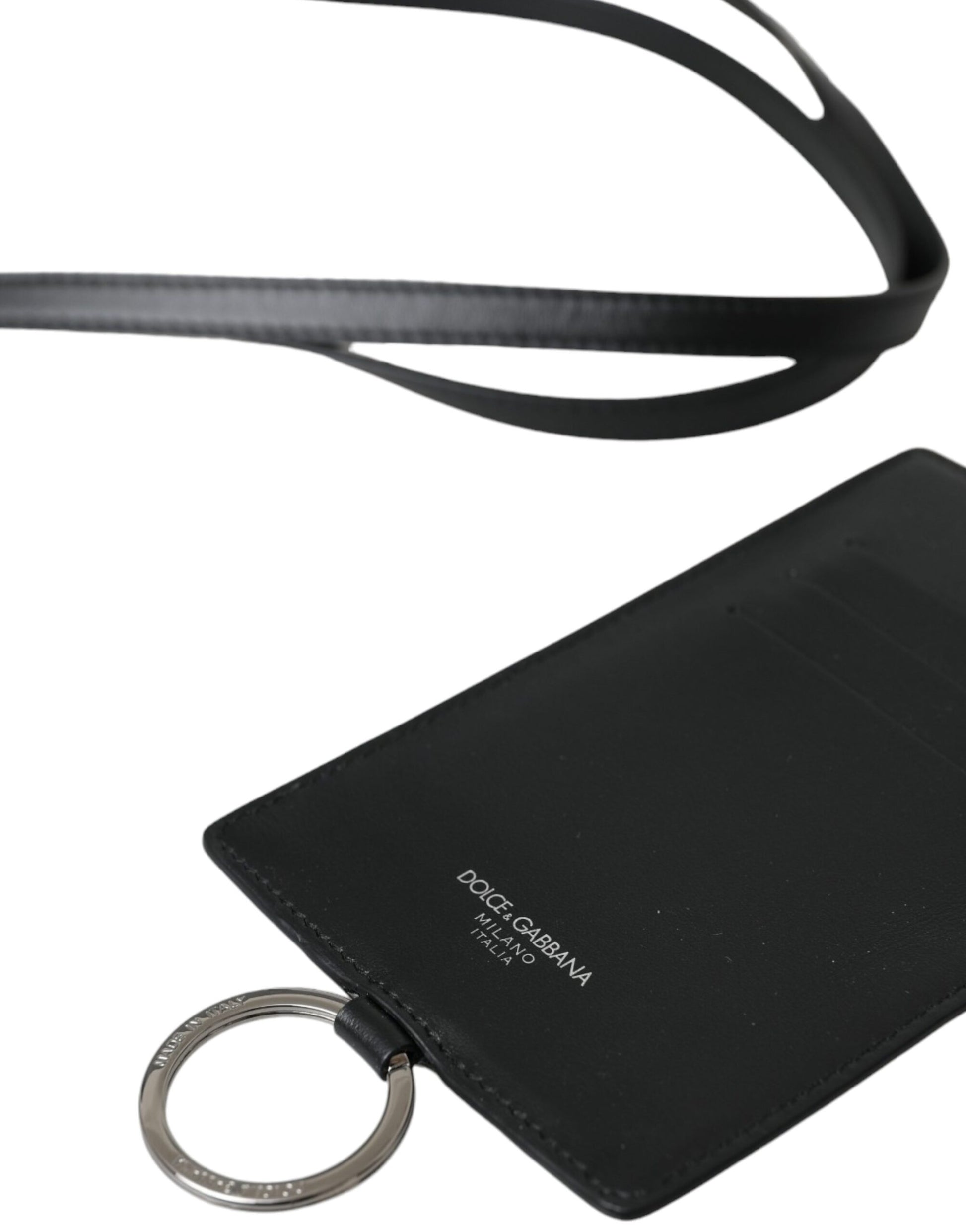 Schwarzes Herren-Kartenetui aus Kalbsleder mit Lanyard und Logo