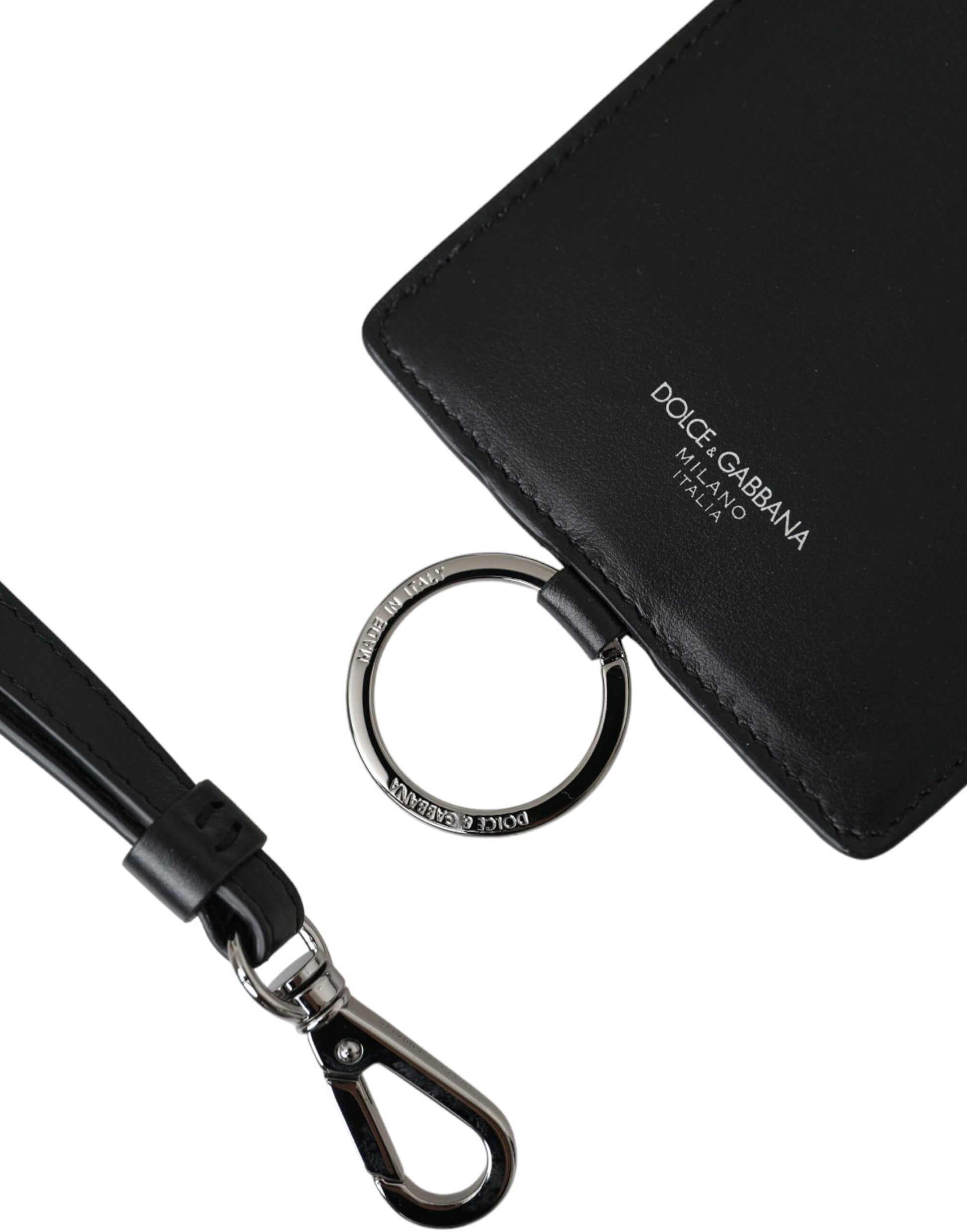 Schwarzes Herren-Kartenetui aus Kalbsleder mit Lanyard und Logo