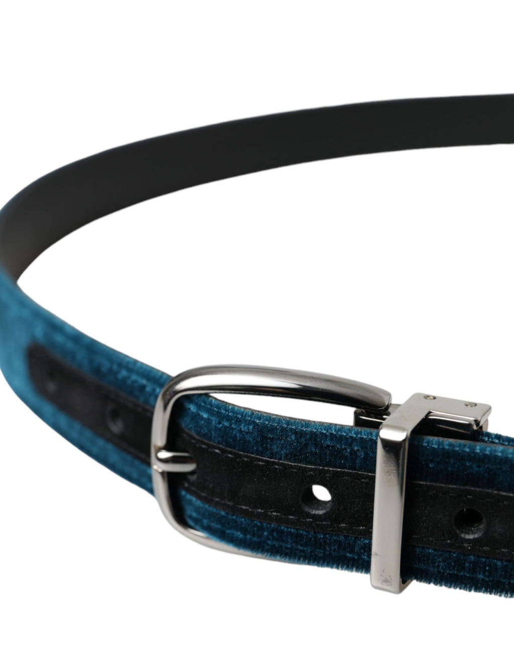 Blauer Samtledergürtel mit silberner Metallschnalle