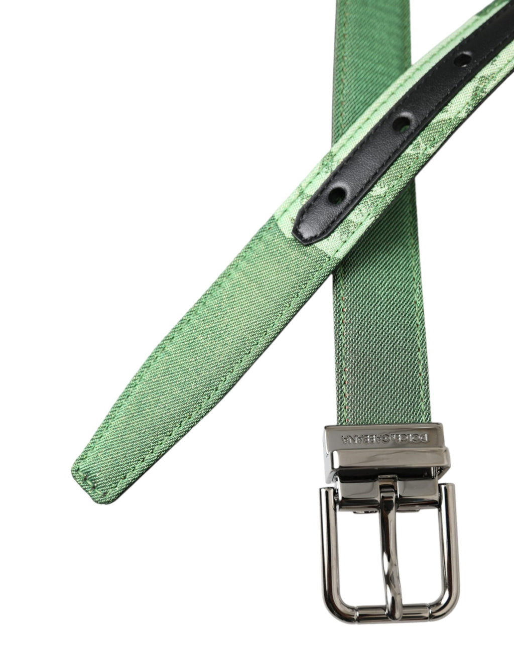 Grüner Ledergürtel aus Jacquard mit silberner Metallschnalle