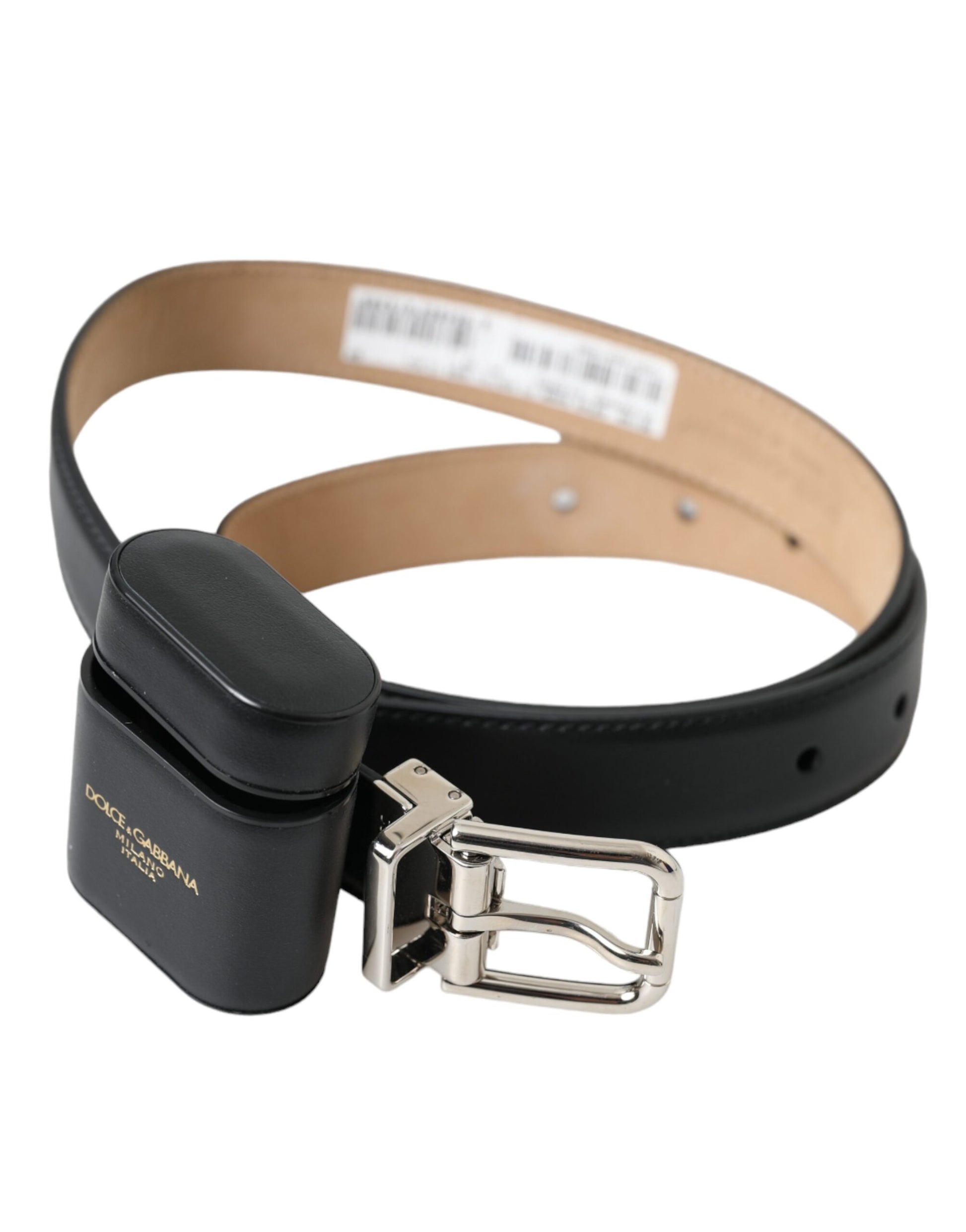 Schwarzes Airpods-Etui aus Leder mit silberner Schnalle