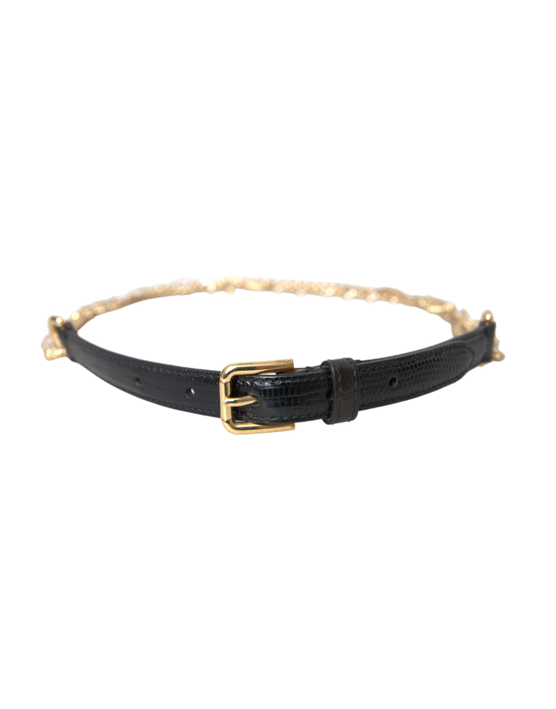 Schwarzer Ledergürtel mit Goldkette und Kristallen