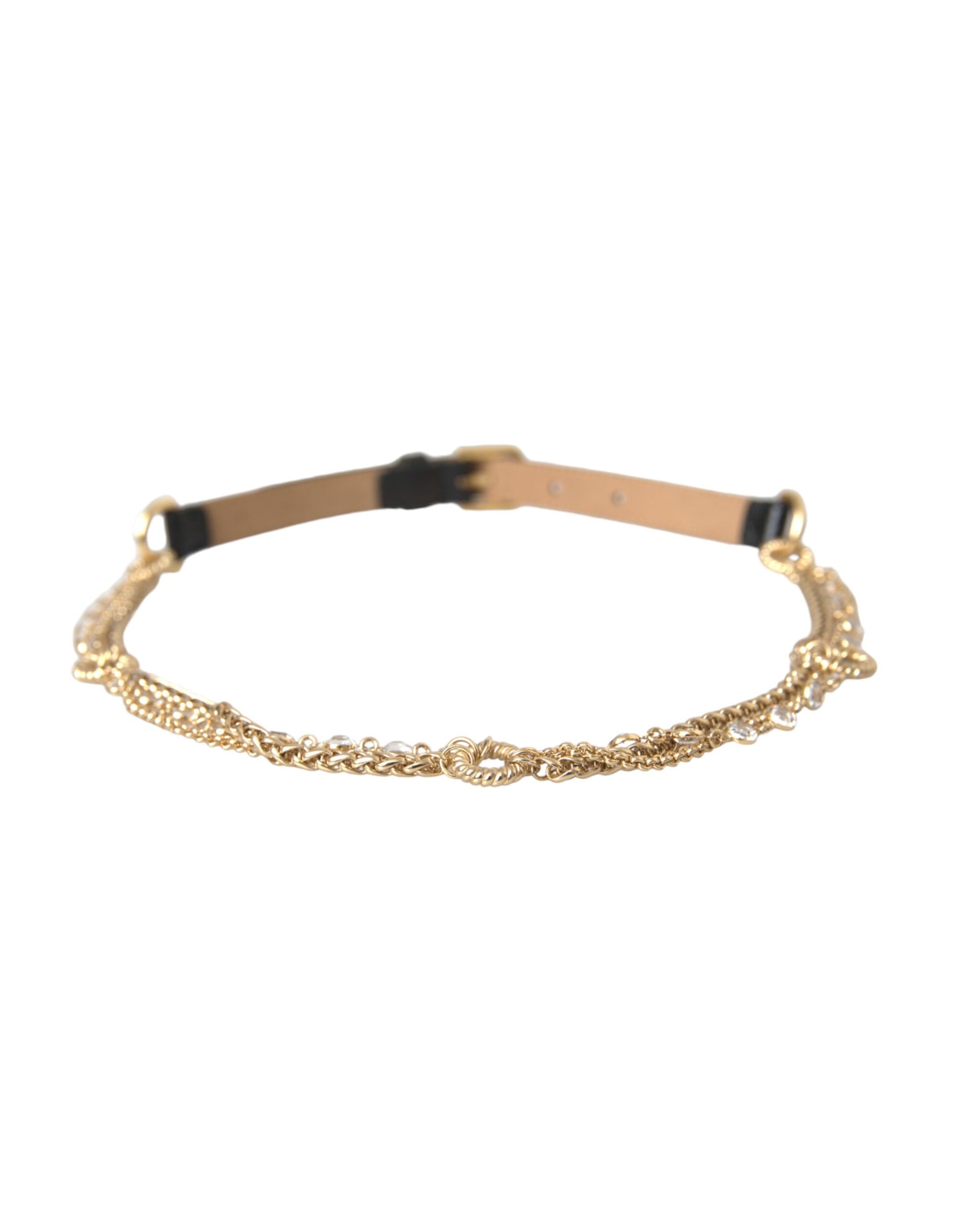 Schwarzer Ledergürtel mit Goldkette und Kristallen