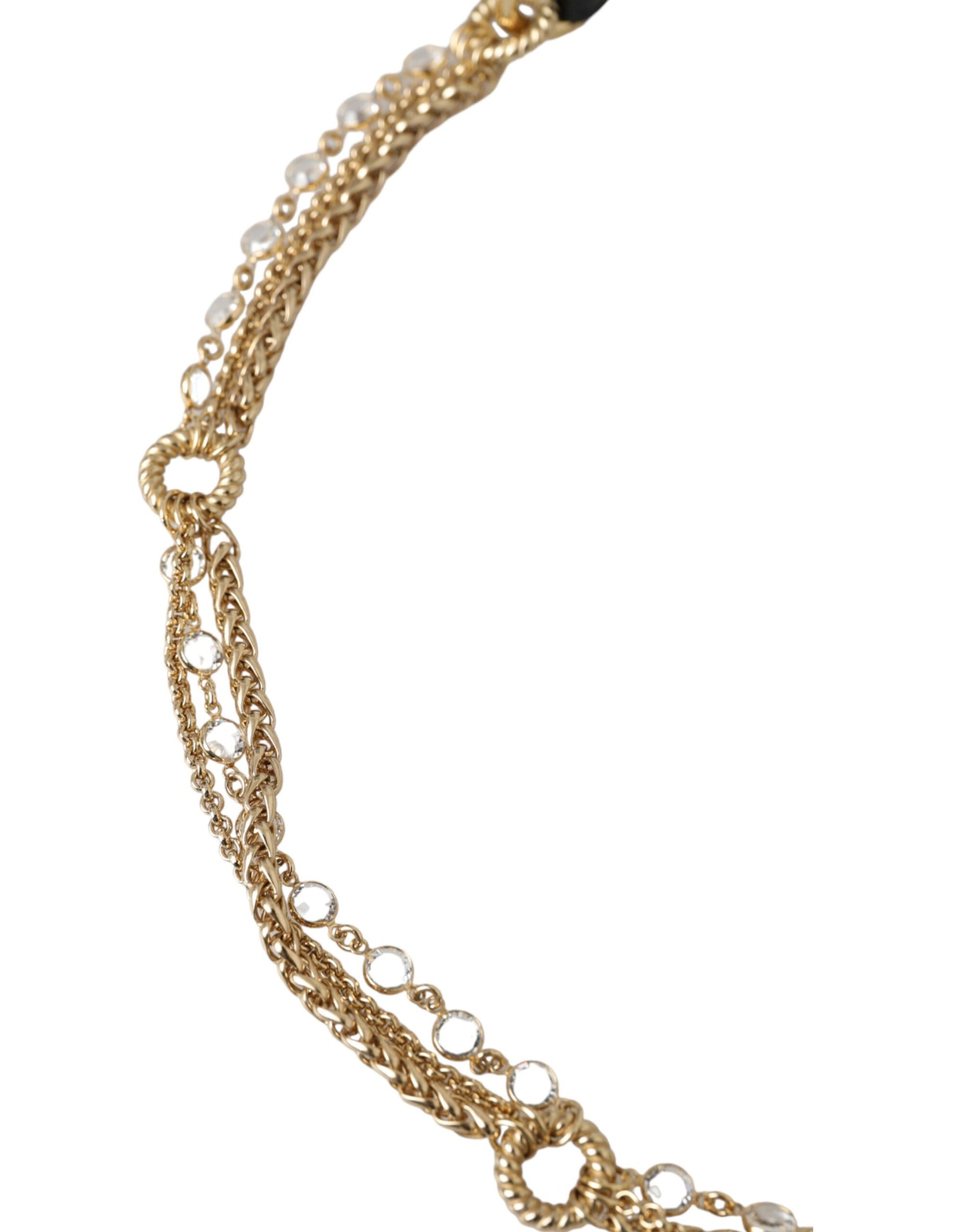 Schwarzer Ledergürtel mit Goldkette und Kristallen