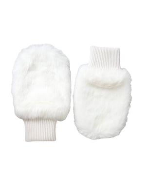 Weiße Fäustlinge aus Acryl mit Strickpelz am Handgelenk