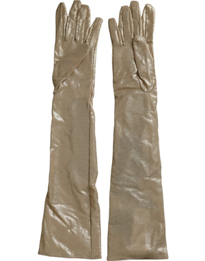 Beige Satin-Handschuhe mit Kristallen in Ellenbogenlänge