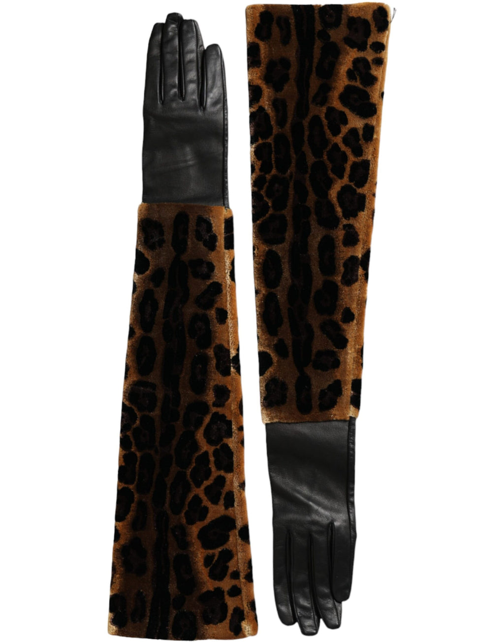 Braun-schwarze Lederhandschuhe mit Leopardenmuster und Ellenbogenlänge