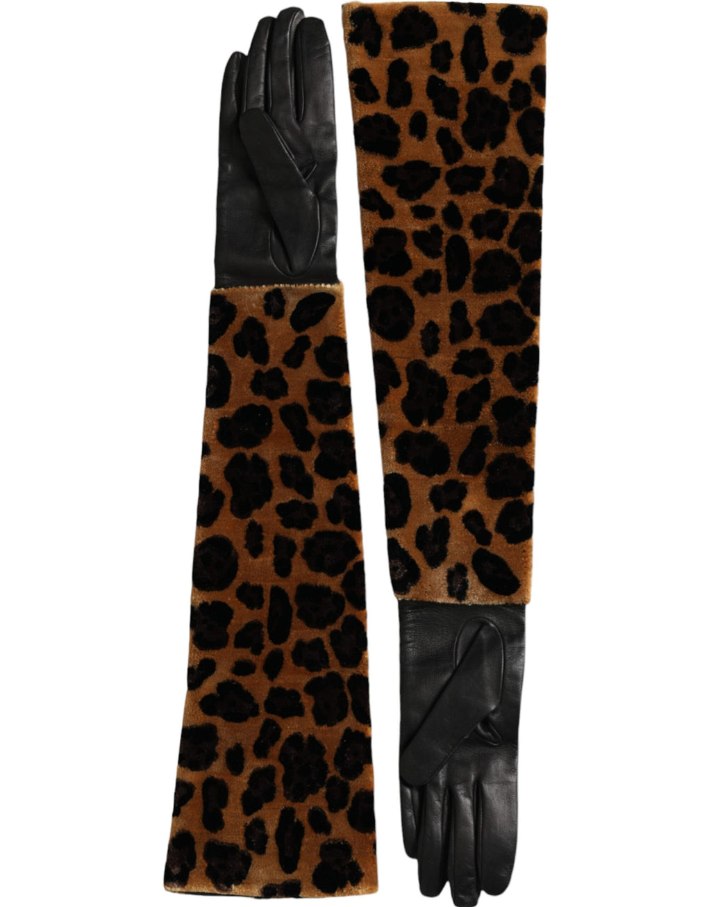 Braun-schwarze Lederhandschuhe mit Leopardenmuster und Ellenbogenlänge