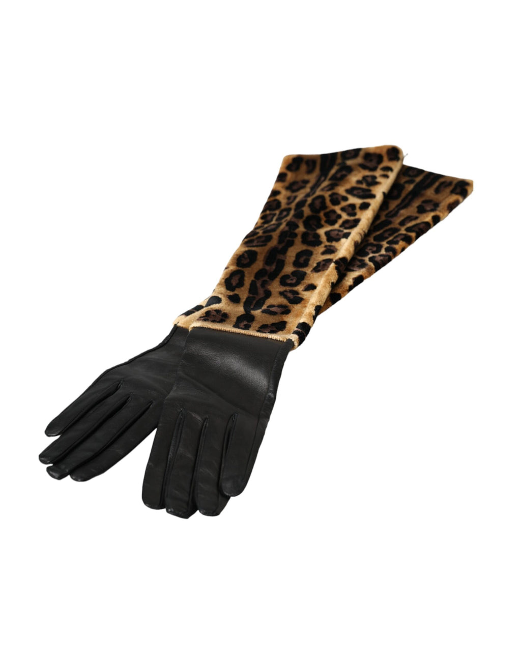 Braun-schwarze Lederhandschuhe mit Leopardenmuster und Ellenbogenlänge