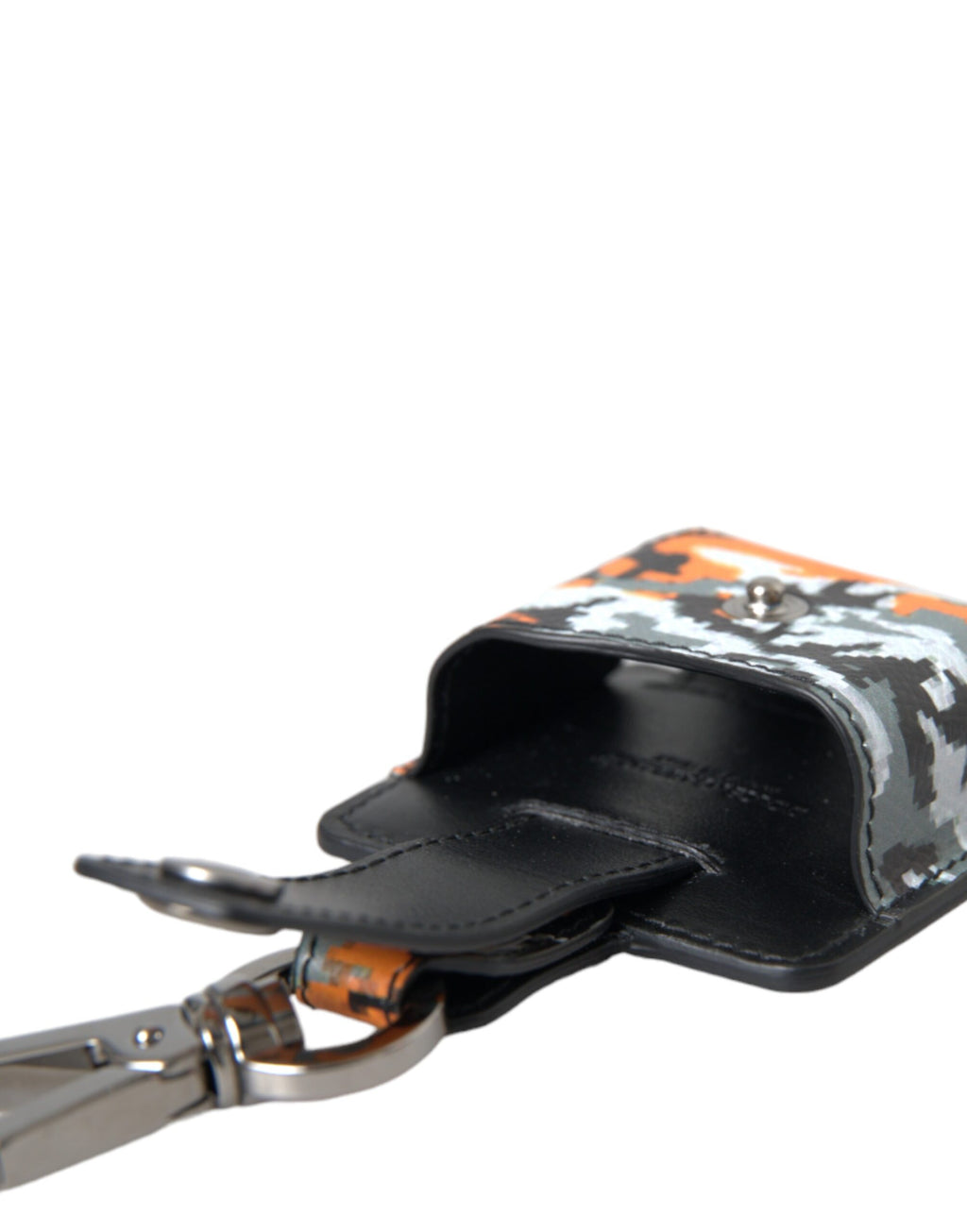 Mehrfarbige Airpods-Hülle aus Leder und Metall mit Camouflage-Print