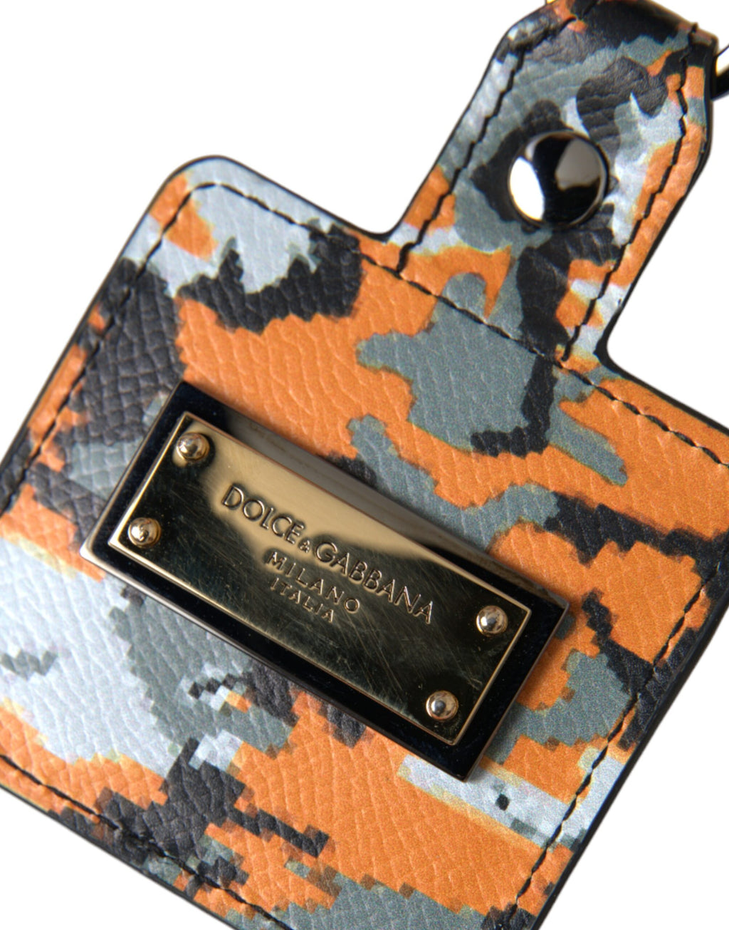 Airpods-Hülle aus Leder mit mehrfarbigem Camouflage-Print und Logo aus Metall
