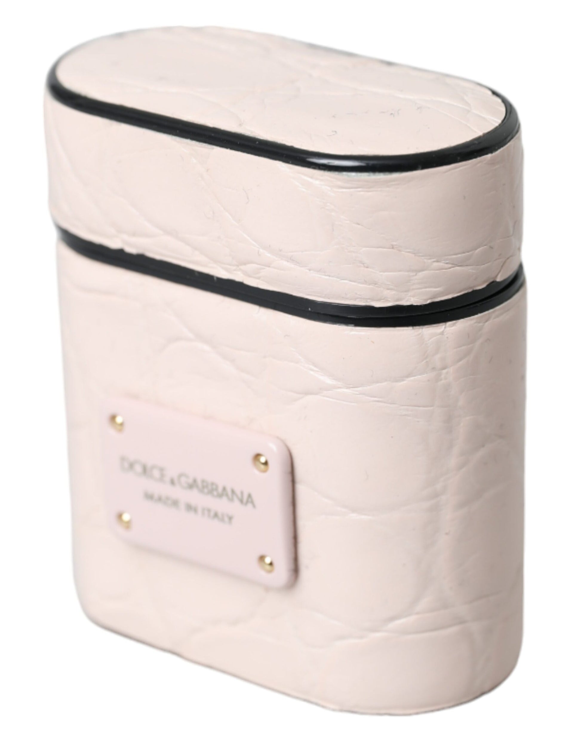 Hellrosa Airpods-Hülle aus Leder mit Metall-Logo-Plakette