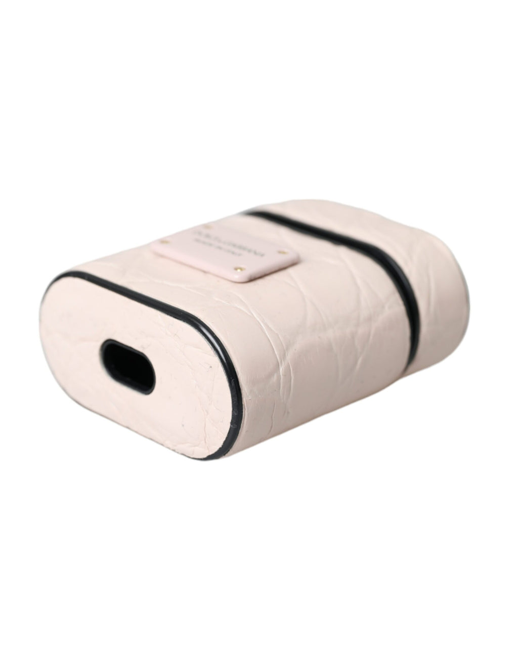 Hellrosa Airpods-Hülle aus Leder mit Metall-Logo-Plakette