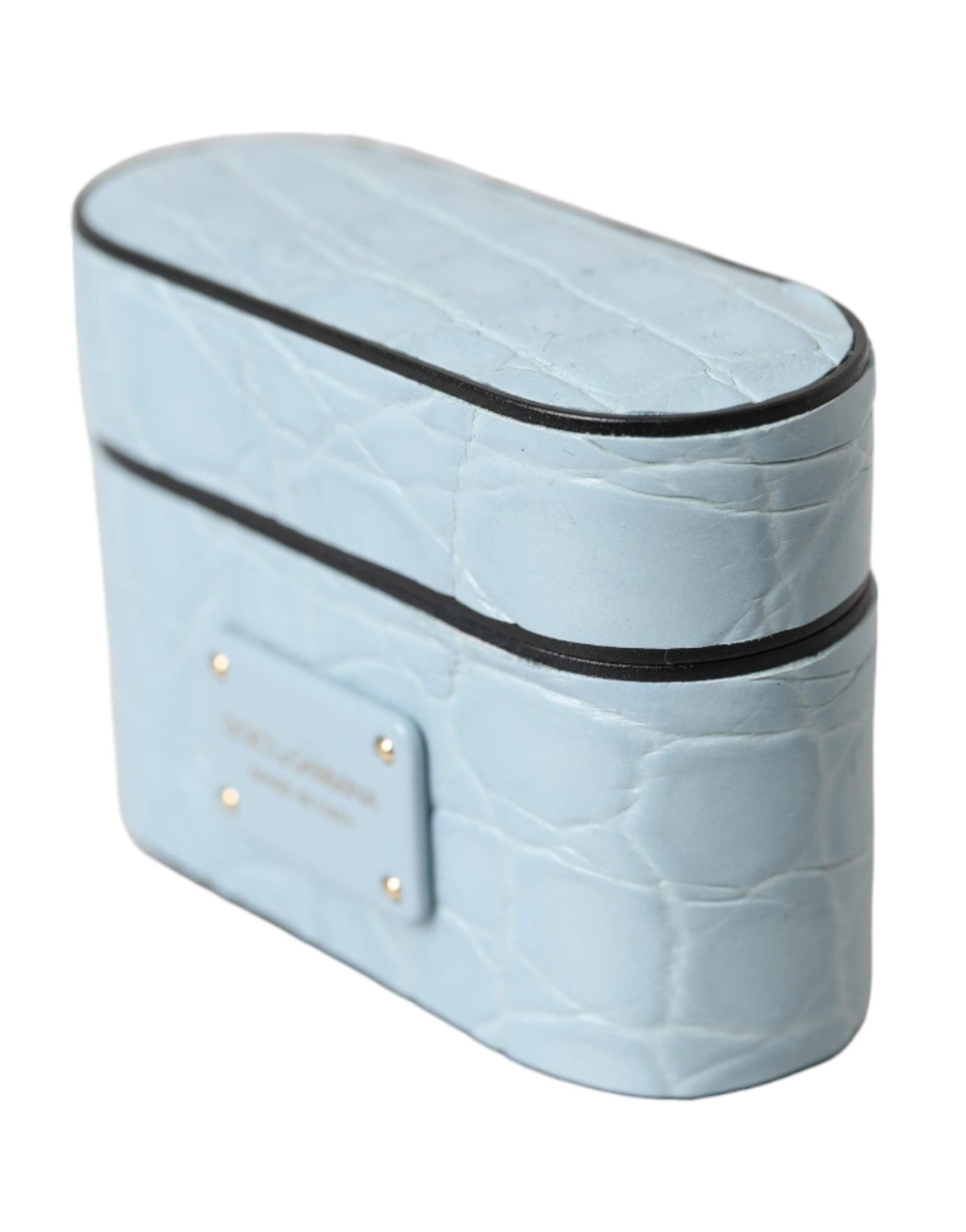 Hellblaues Airpods-Etui aus Leder mit Metall-Logo