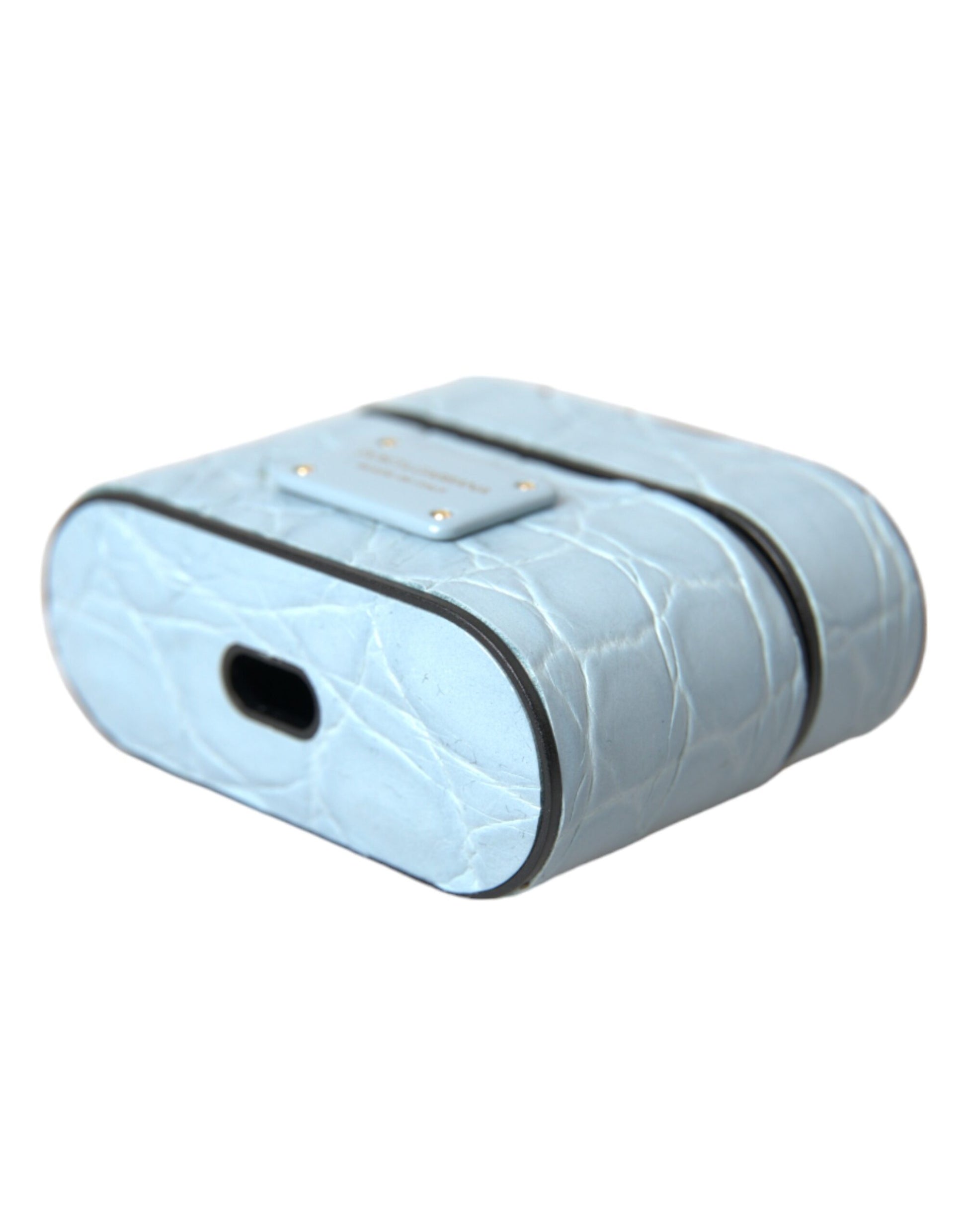 Hellblaues Airpods-Etui aus Leder mit Metall-Logo