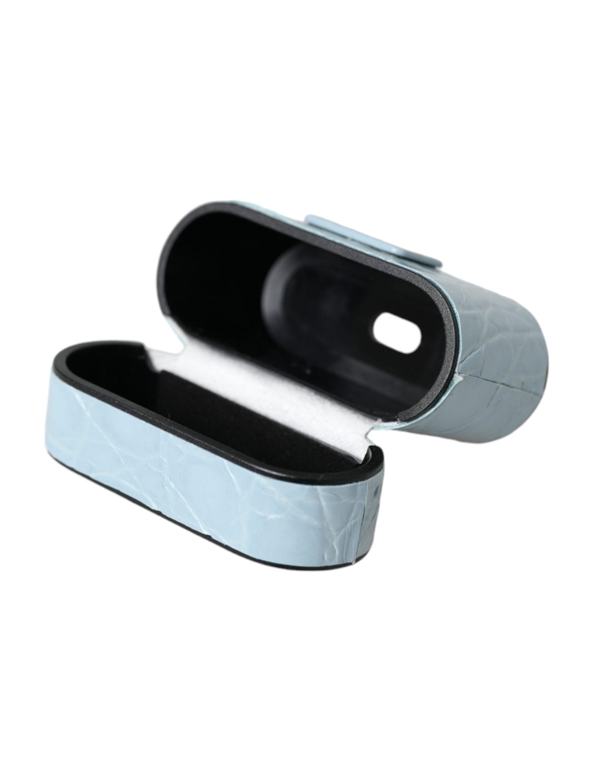 Hellblaues Airpods-Etui aus Leder mit Metall-Logo