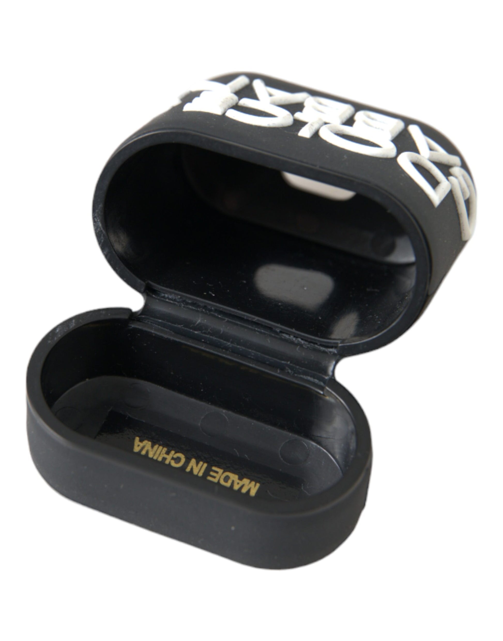 Schwarz-weiße Airpods-Hülle aus Silikon mit geprägtem Logo