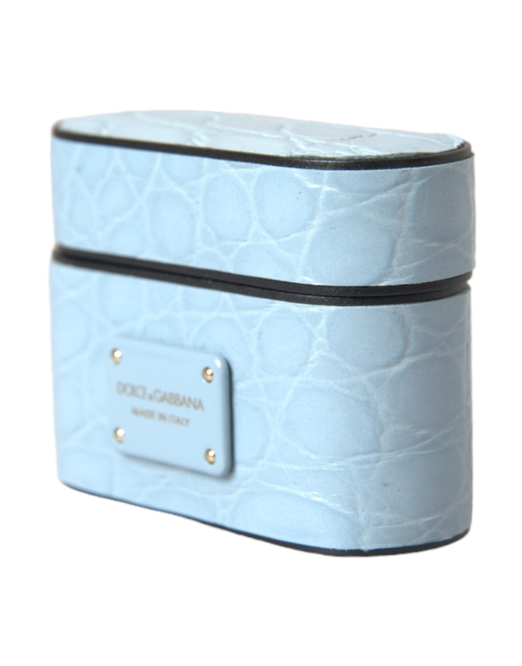 Hellblaues Airpods-Etui aus Leder mit Metall-Logo