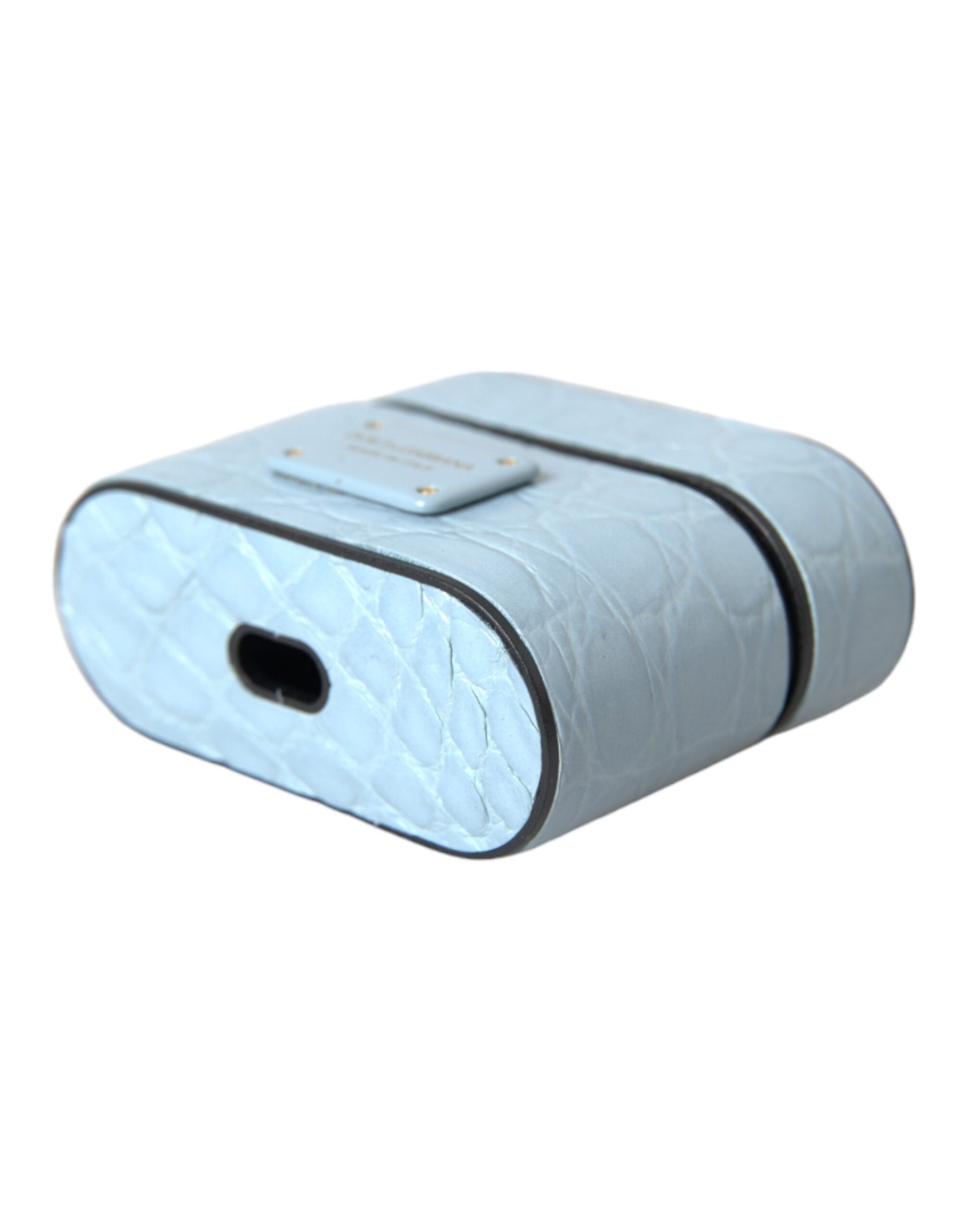 Hellblaues Airpods-Etui aus Leder mit Metall-Logo