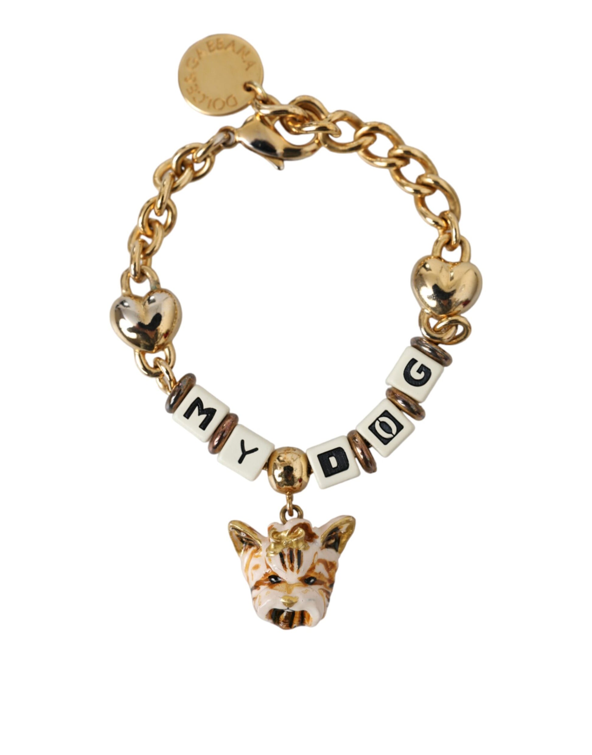 Goldfarbenes Messing-Kettenarmband „MY DOG“ mit Herz