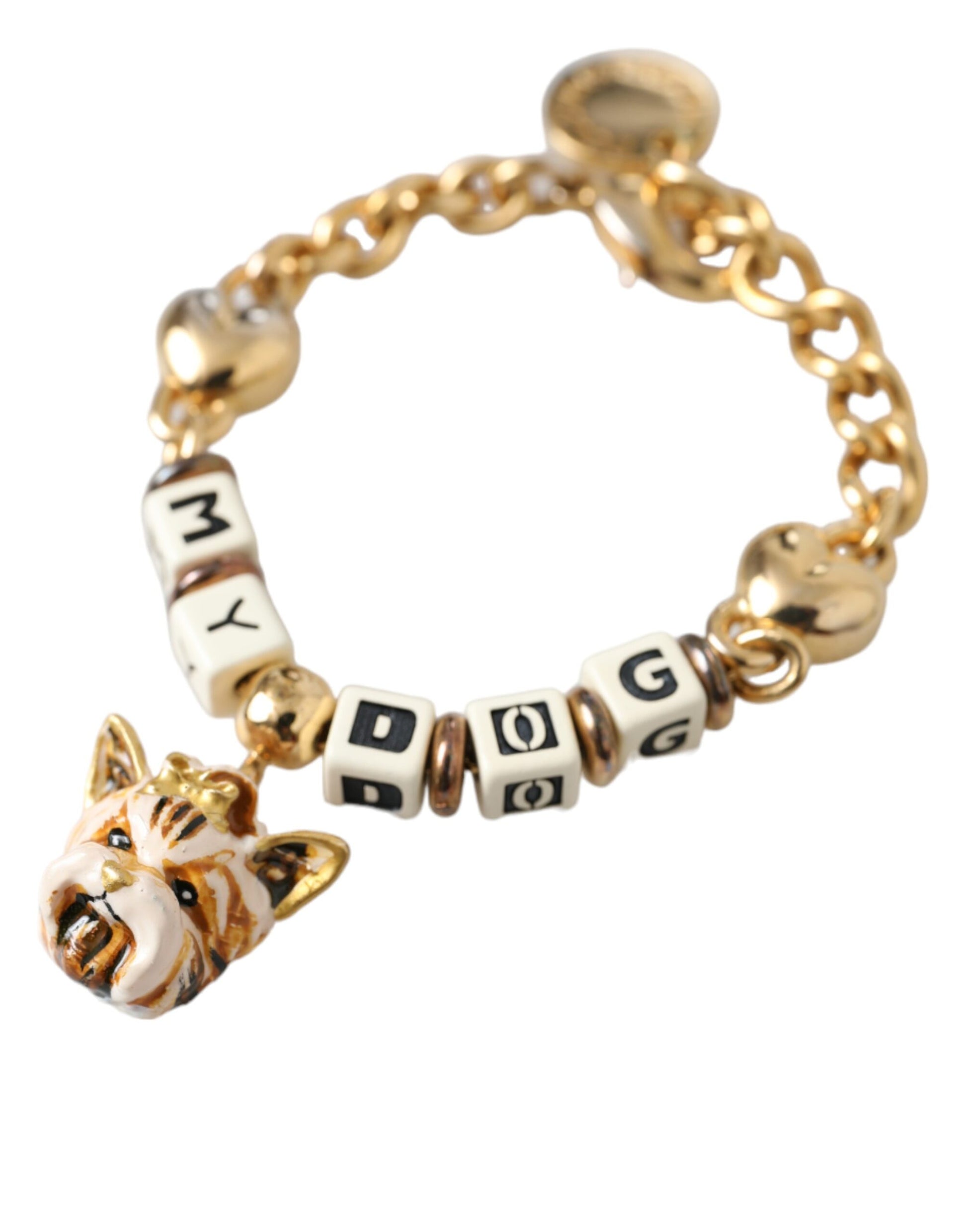 Goldfarbenes Messing-Kettenarmband „MY DOG“ mit Herz