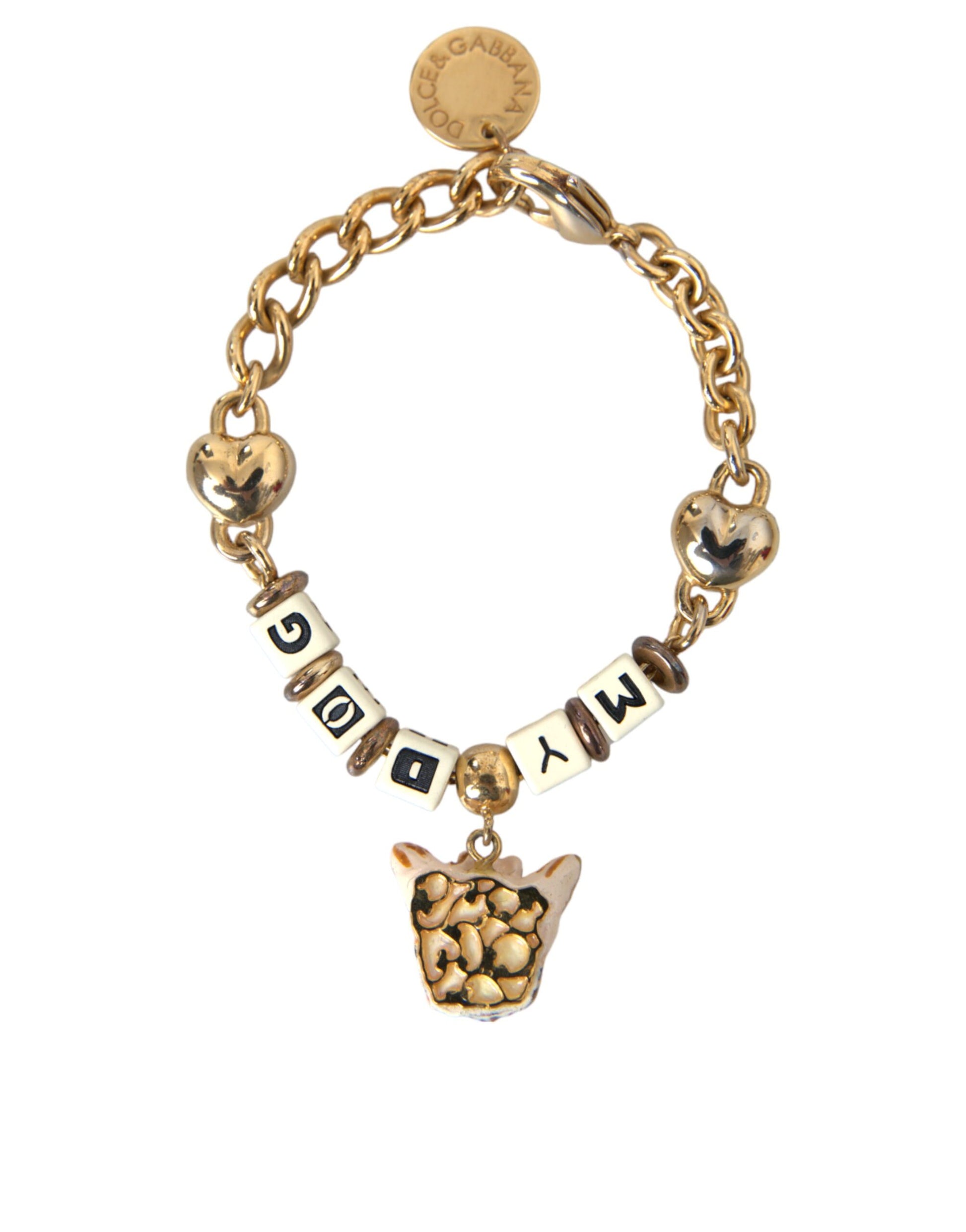 Goldfarbenes Messing-Kettenarmband „MY DOG“ mit Herz