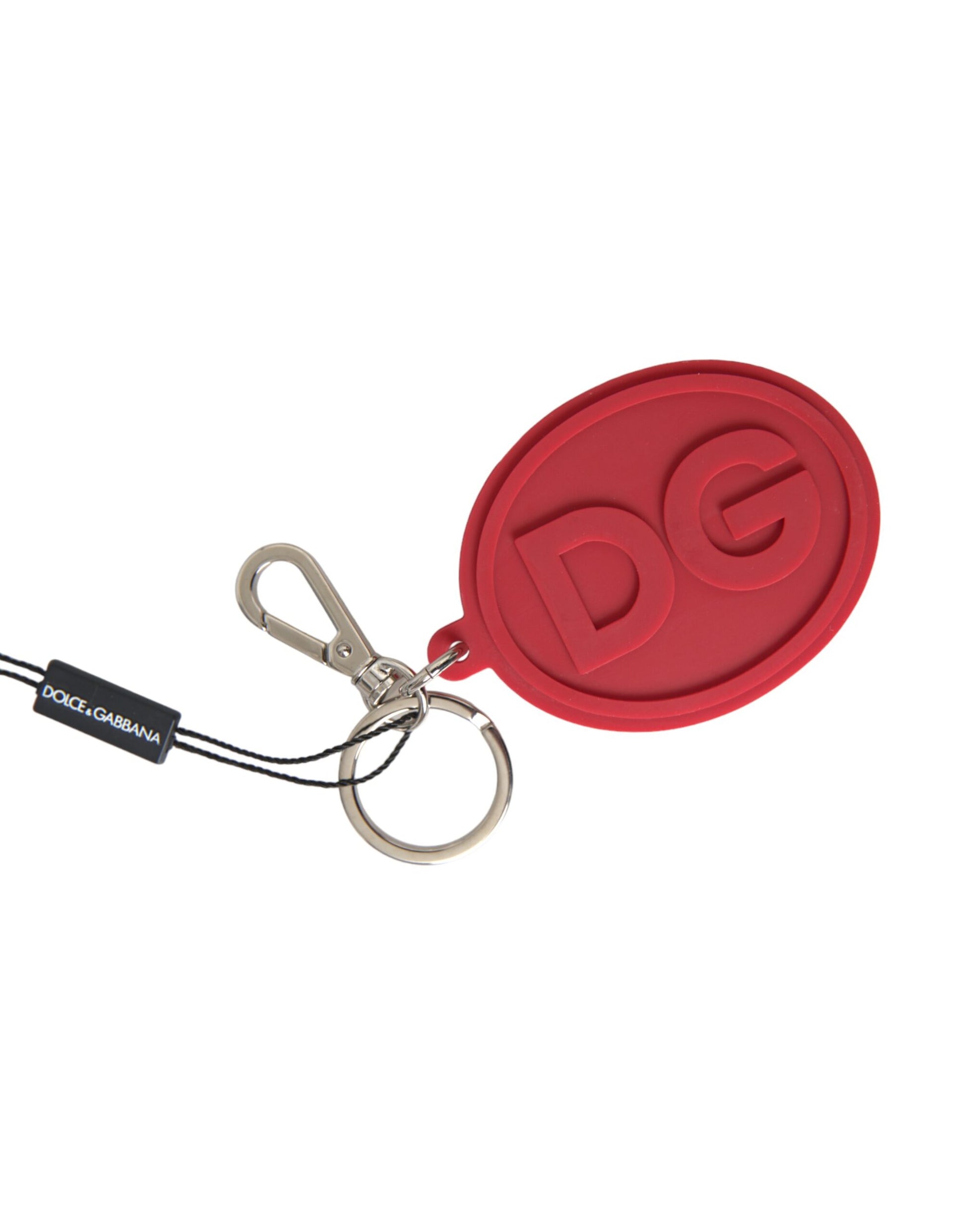 Schlüsselanhänger mit DG-Logo aus rotem Gummi und silbernem Messing