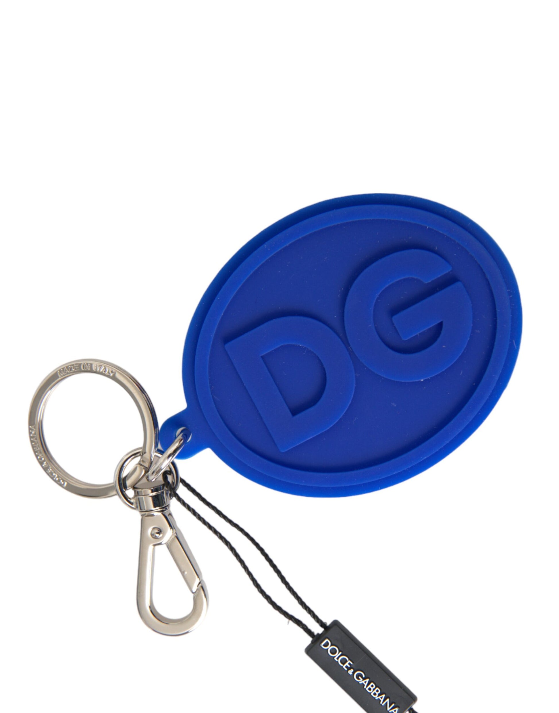 Schlüsselanhänger mit DG-Logo aus blauem Gummi und silbernem Messing