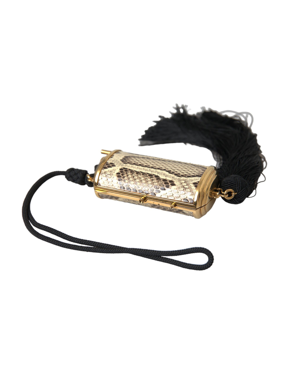 Beigefarbene Make-up-Tasche aus exotischem Leder mit Mini-Spiegel und Quaste
