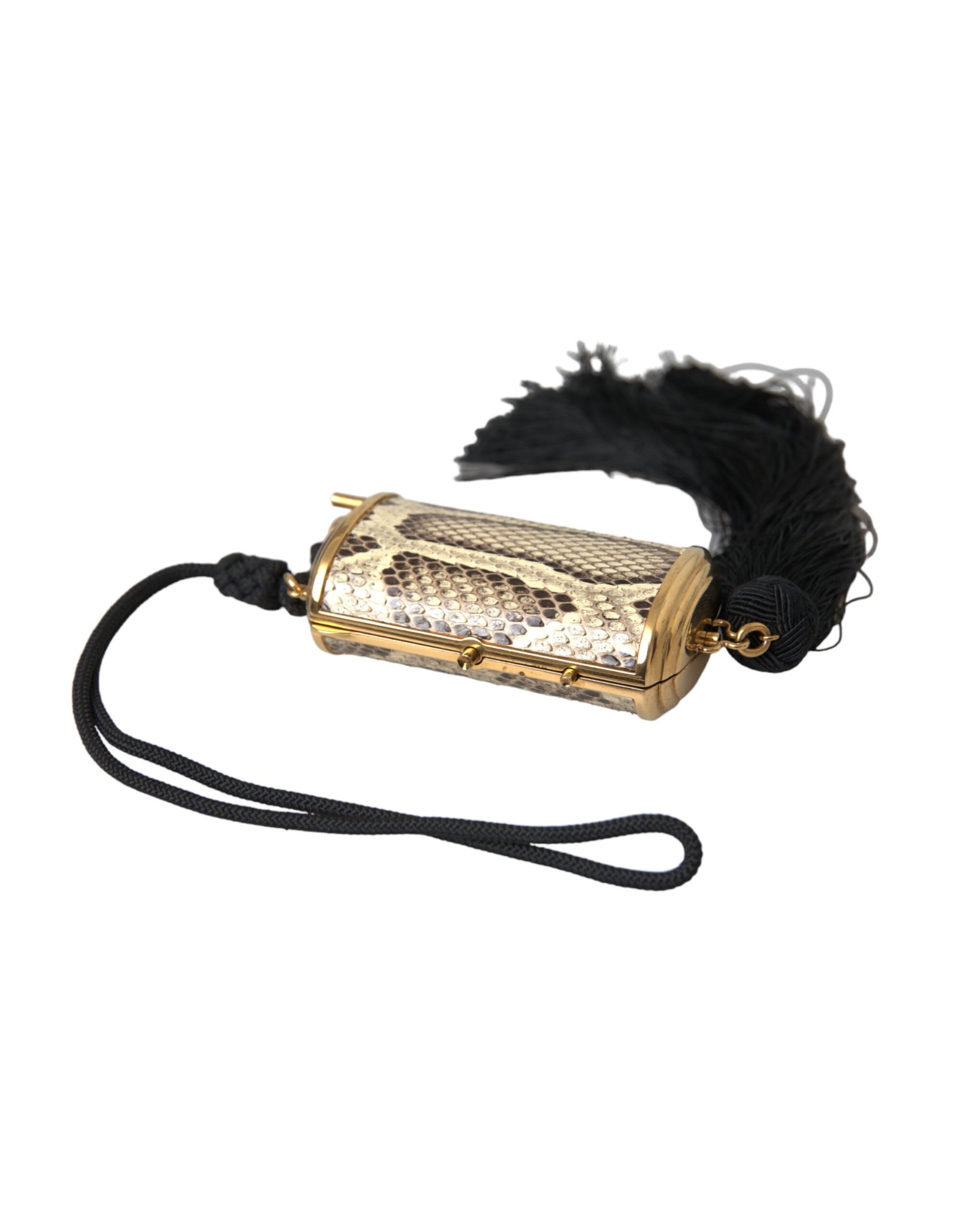 Beigefarbene Make-up-Tasche aus exotischem Leder mit Mini-Spiegel und Quaste