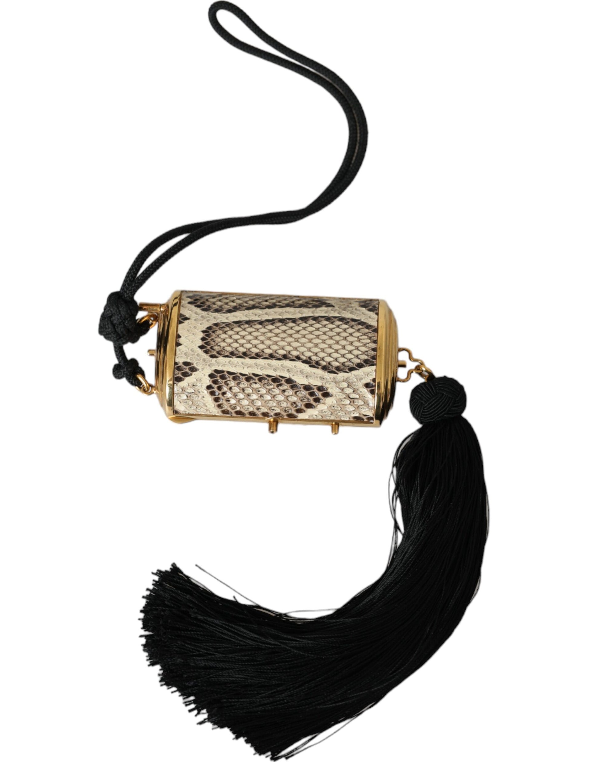 Beigefarbene Make-up-Tasche aus exotischem Leder mit Mini-Spiegel und Quaste